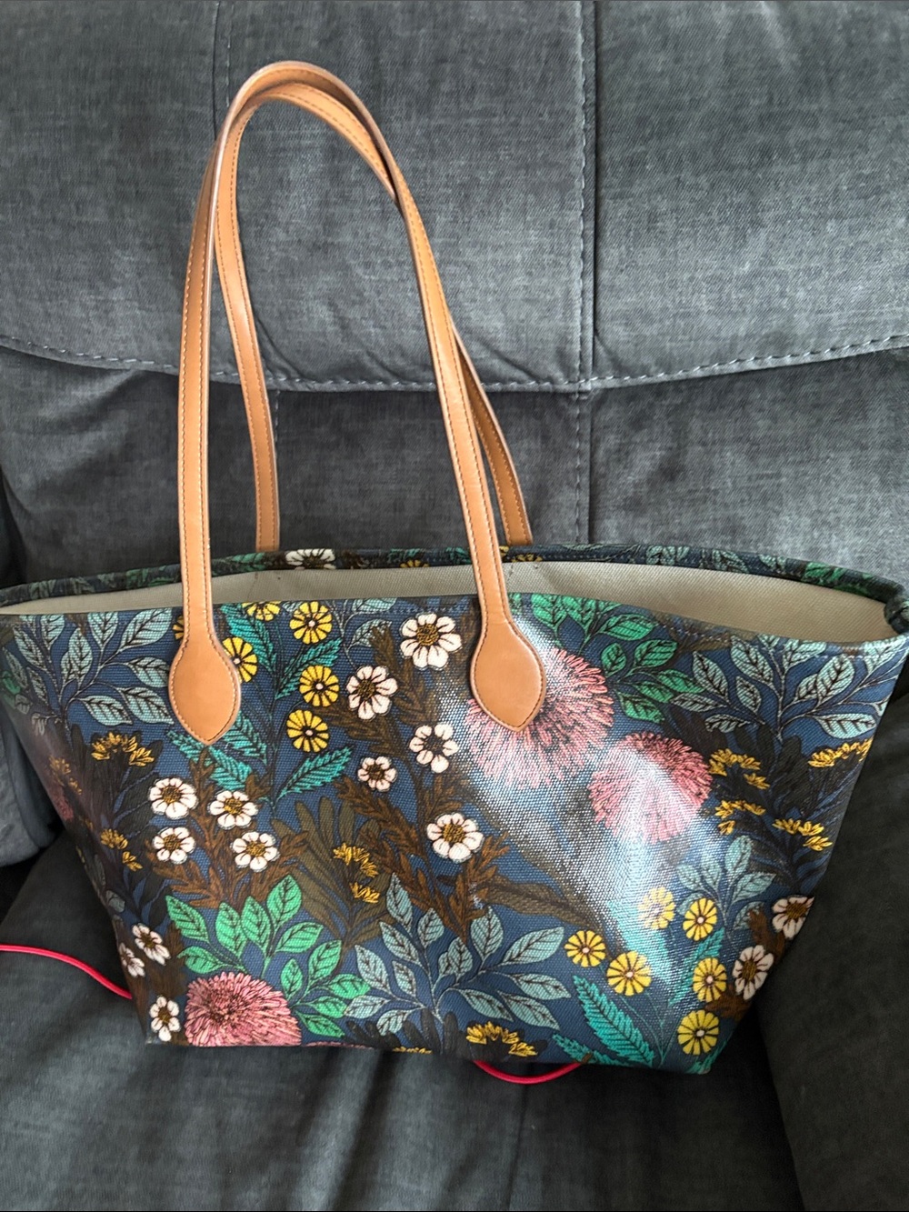 J. Crew Floral Tote with Tan Leather Handles